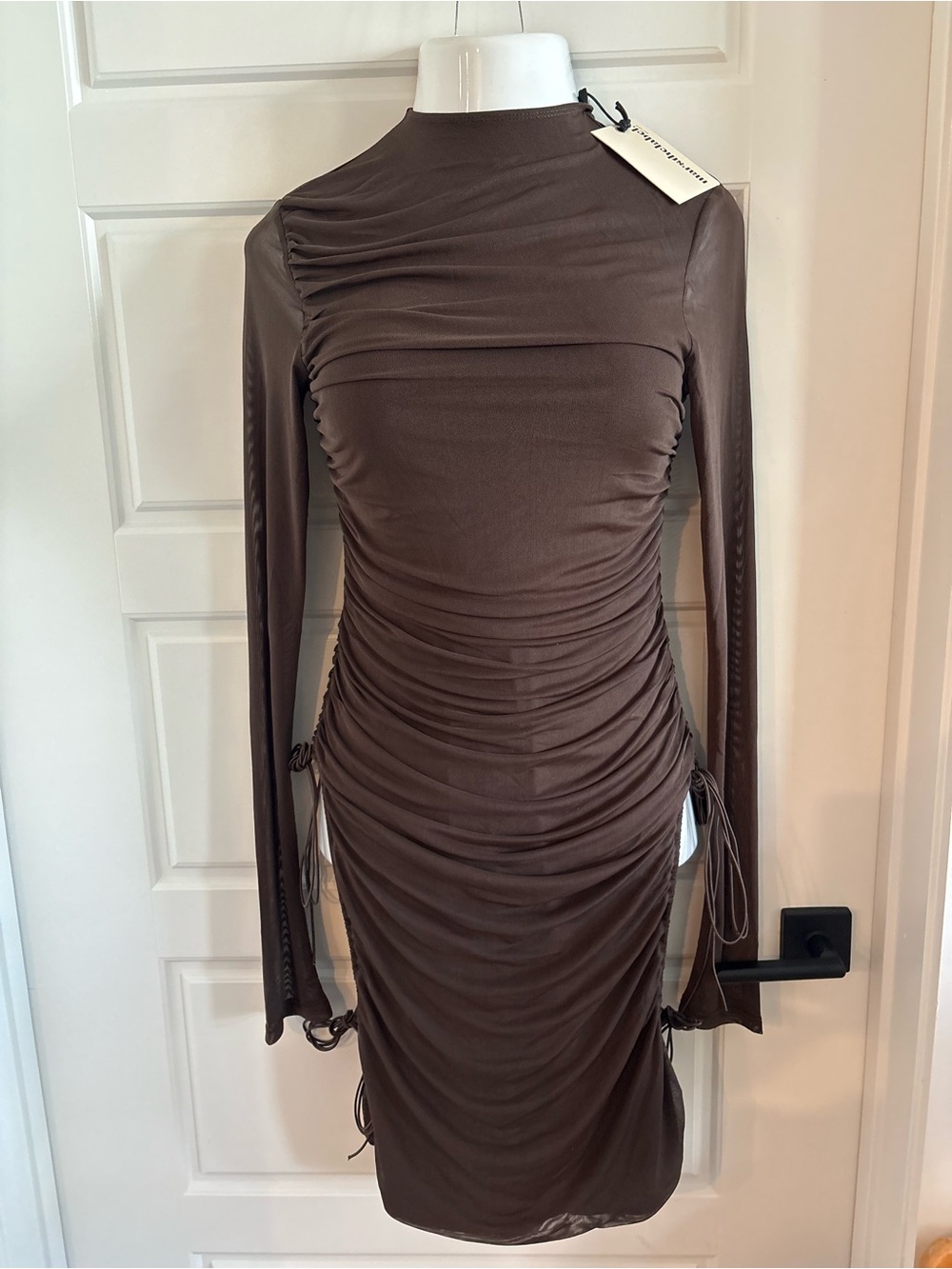 Ruched Long-Sleeve Bodycon Dress in Chocolate Brown